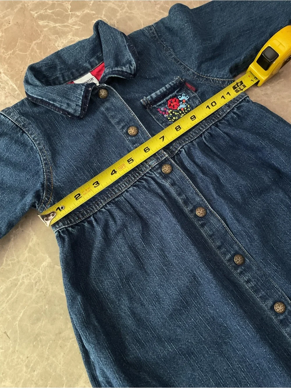 Vintage OshKosh Bgosh Girls 3t Blue Denim Floral Embroidered Ruffle Dress